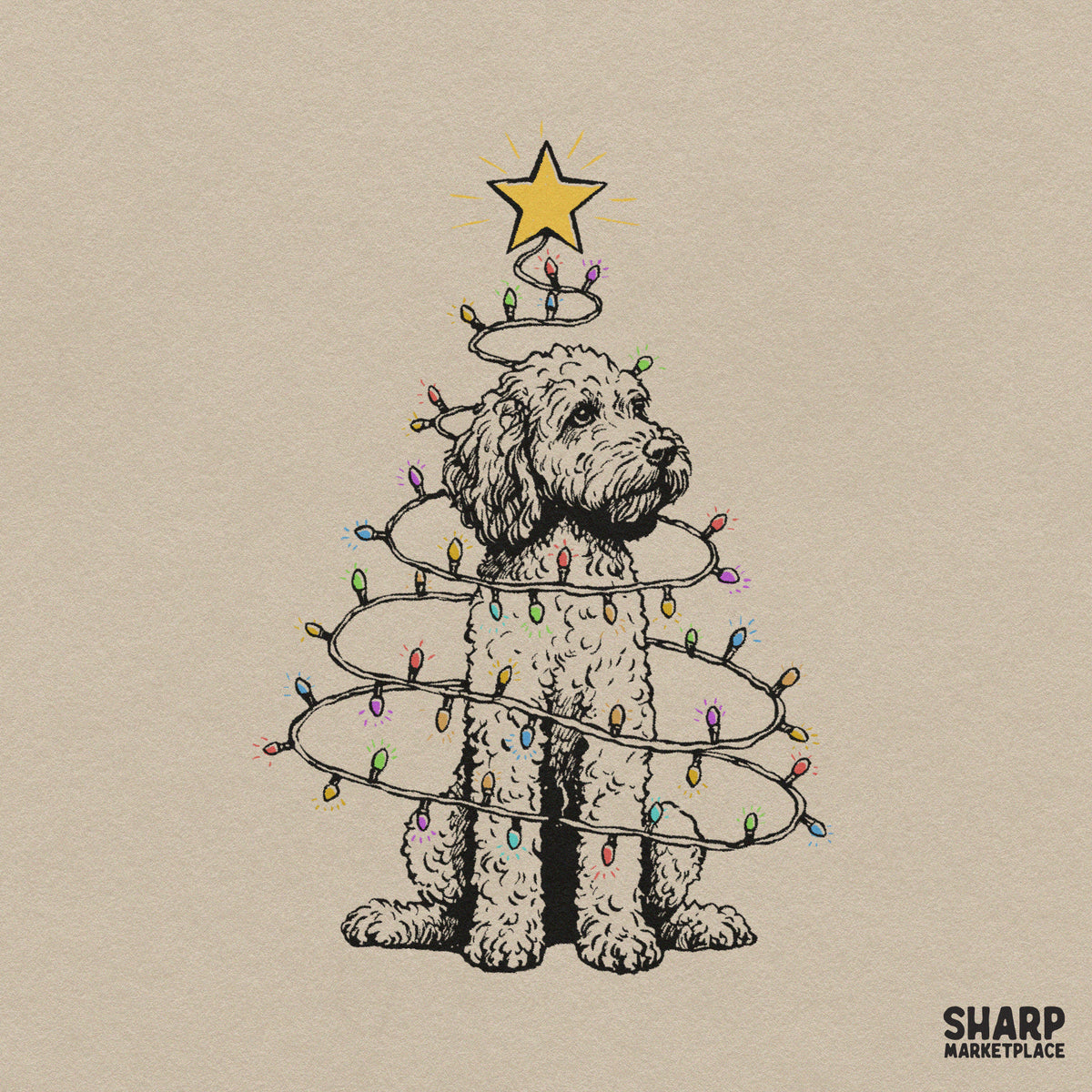 Goldendoodle Wrapped In Holiday Lights Christmas PNG