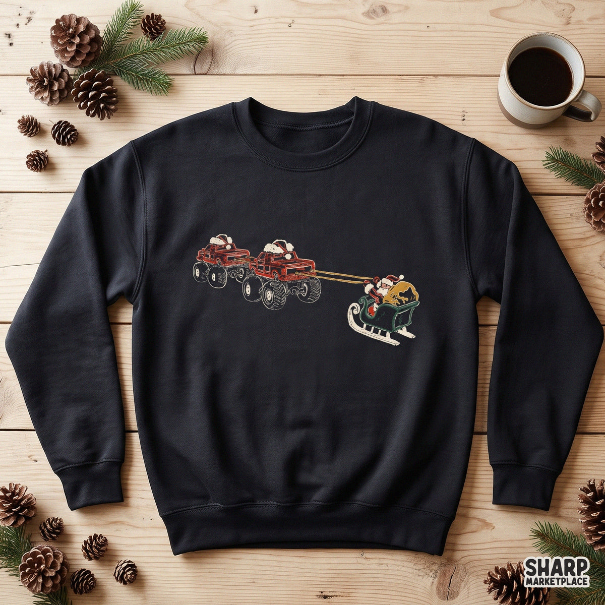 Retro Santa sleigh pulled by lifted monster trucks Christmas PNG for sublimation apparel