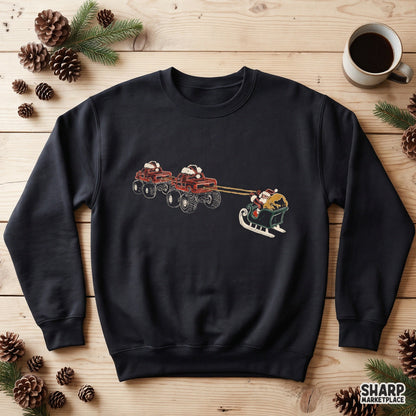 Retro Santa sleigh pulled by lifted monster trucks Christmas PNG for sublimation apparel