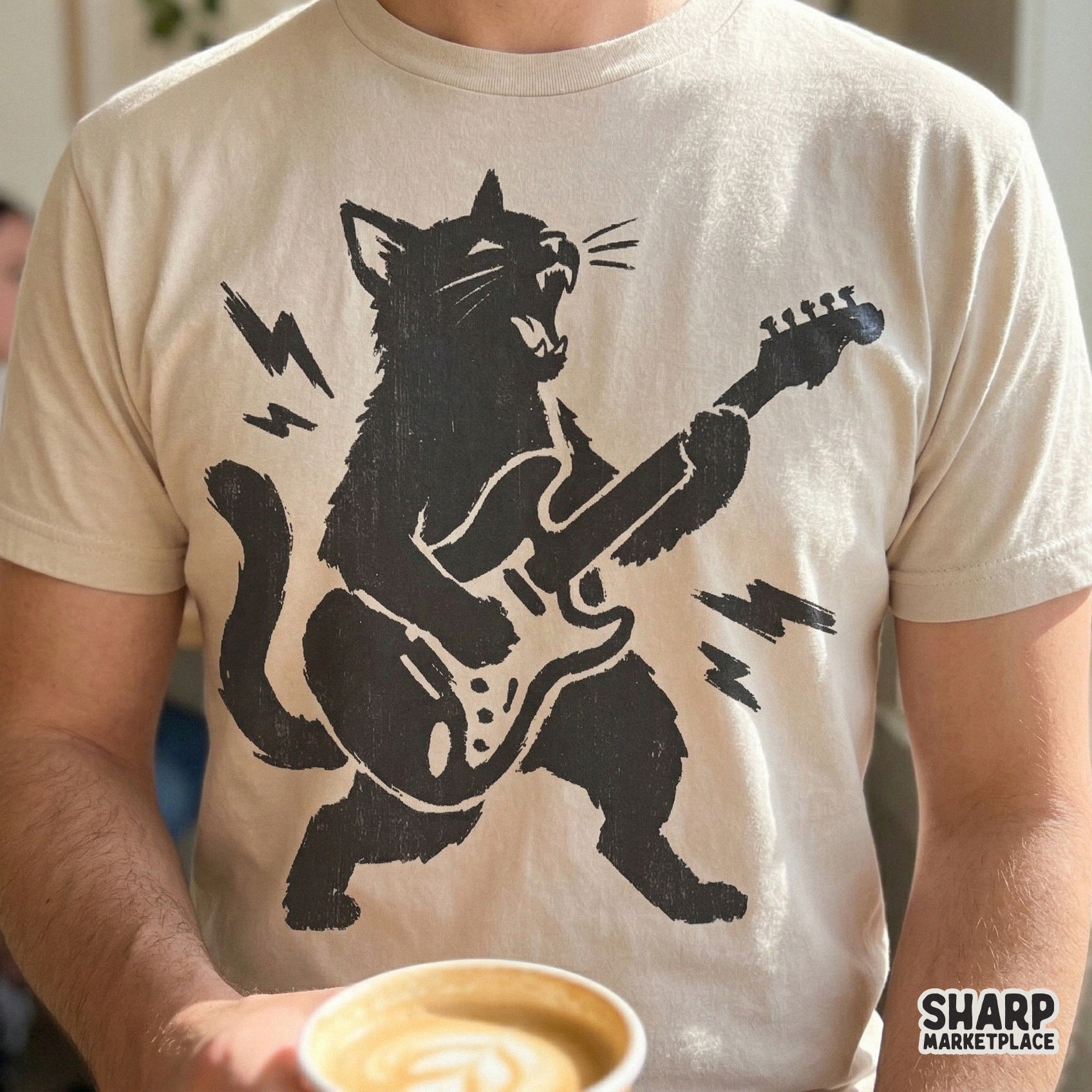 Vintage-style black kitty rock star design with jagged lightning accents, ideal for creating unique stickers, posters, and music-themed apparel.