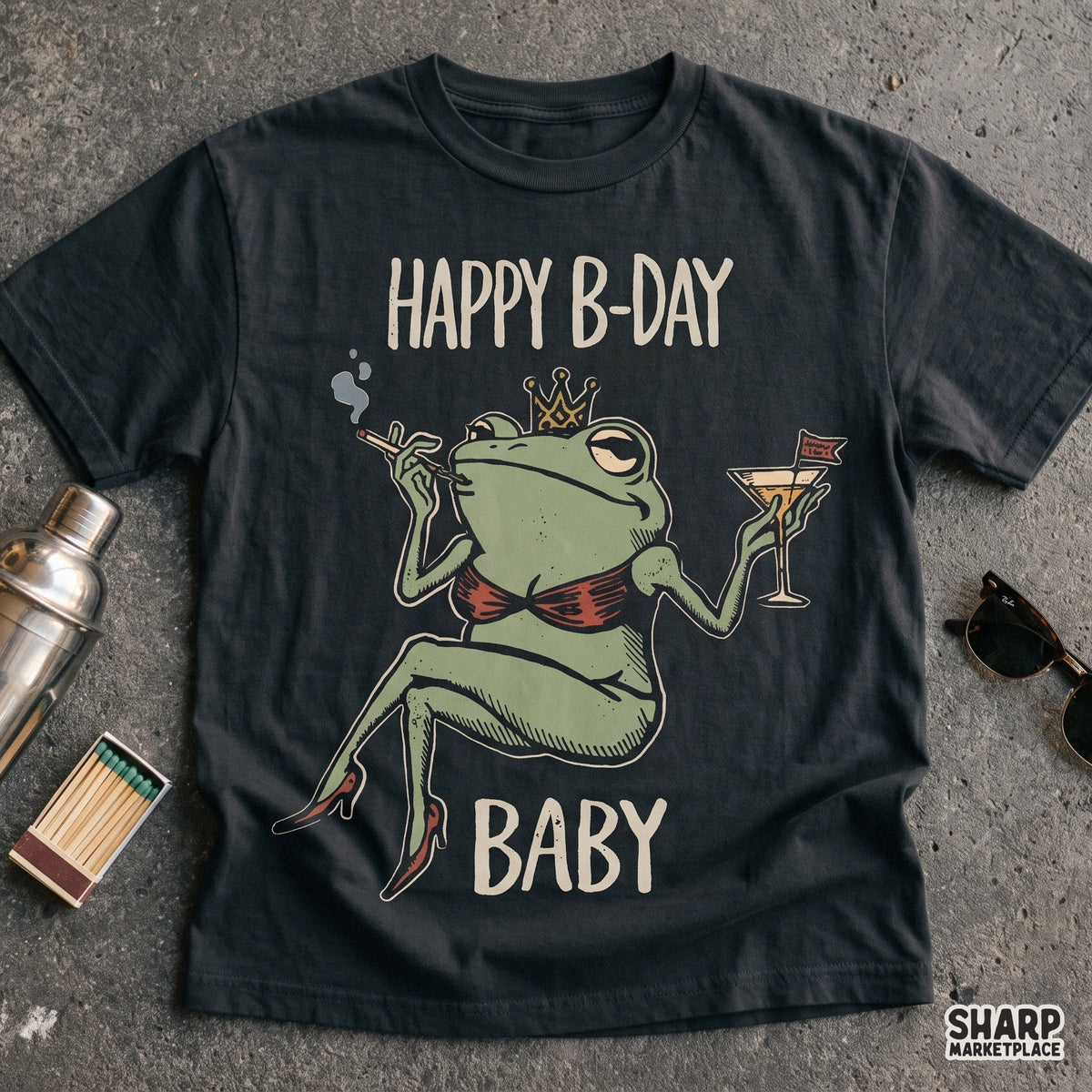 Funny bikini frog retro birthday PNG clipart graphic for t-shirt printing and digital designs
