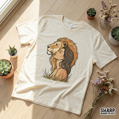 Cream colored t-shirt mockup displaying a hand-drawn graphic of a woman and a lion in profile, perfect for nature-inspired apparel and DTG printing.