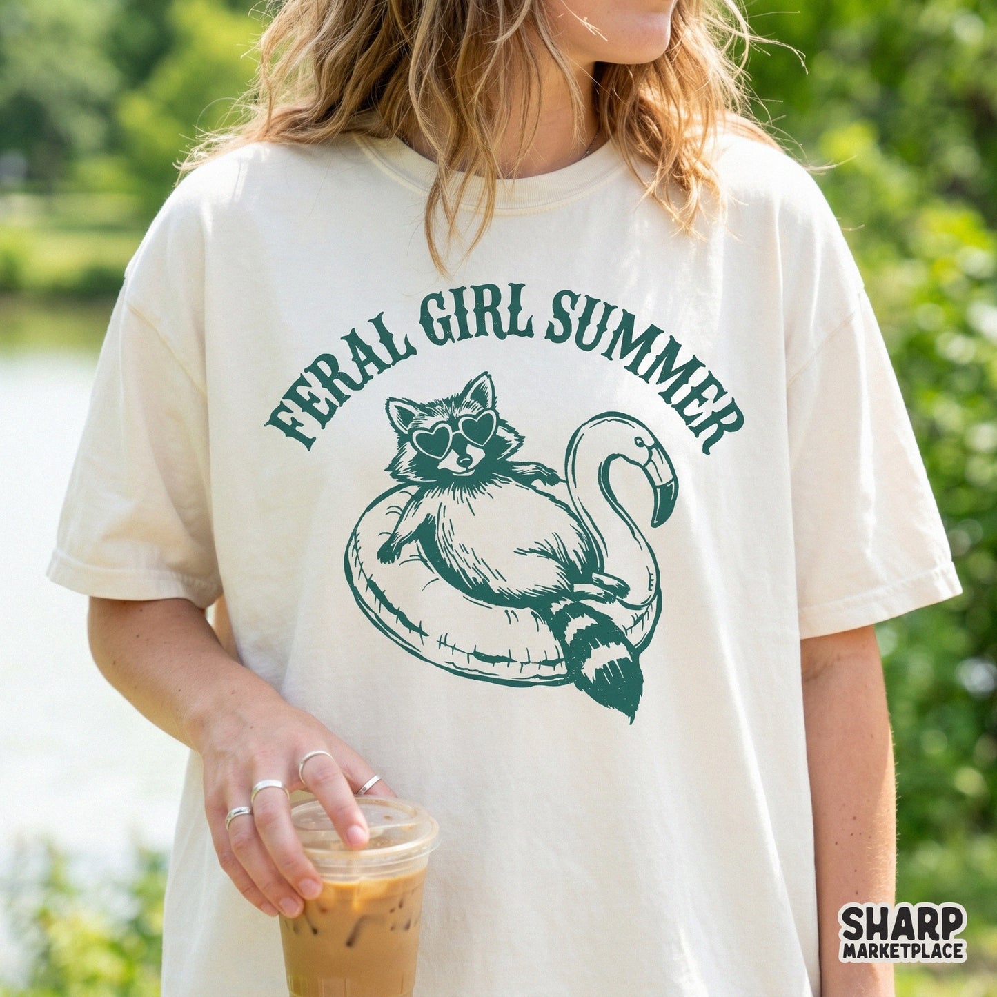 Funny retro feral girl summer raccoon in a pink flamingo pool float sublimation shirt design
