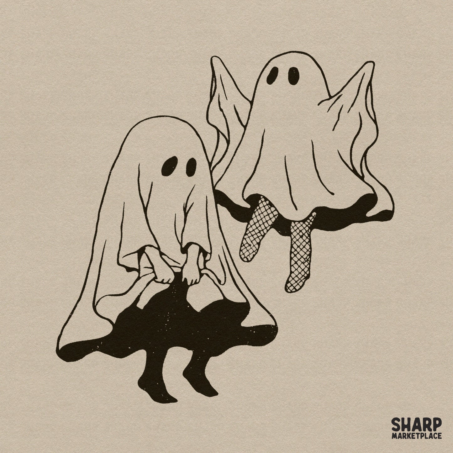 Retro spooky season graphic featuring sassy fishnet ghosts for Halloween shirt sublimation designs