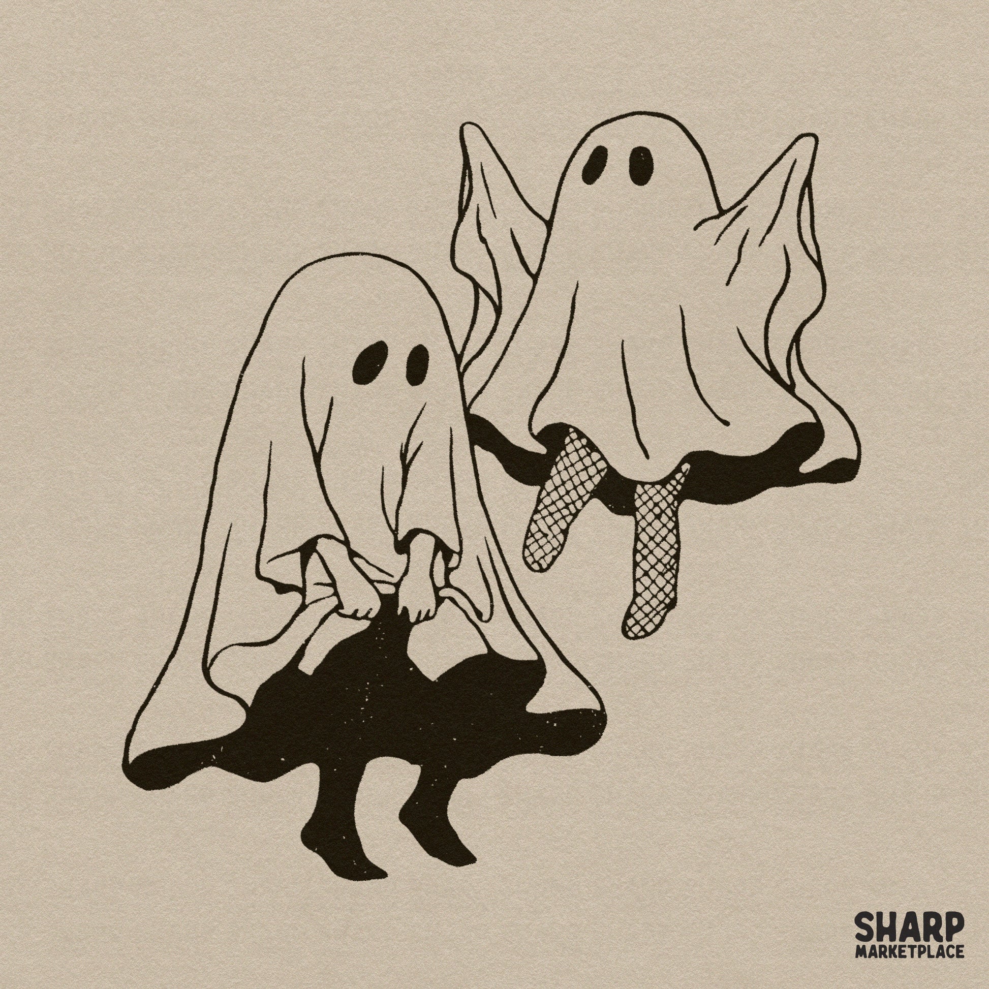 Retro spooky season graphic featuring sassy fishnet ghosts for Halloween shirt sublimation designs