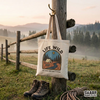 Outdoor adventure themed PNG file for DIY projects, featuring a bear and tent in a rounded frame with the slogan For Those Who Dare To Roam.