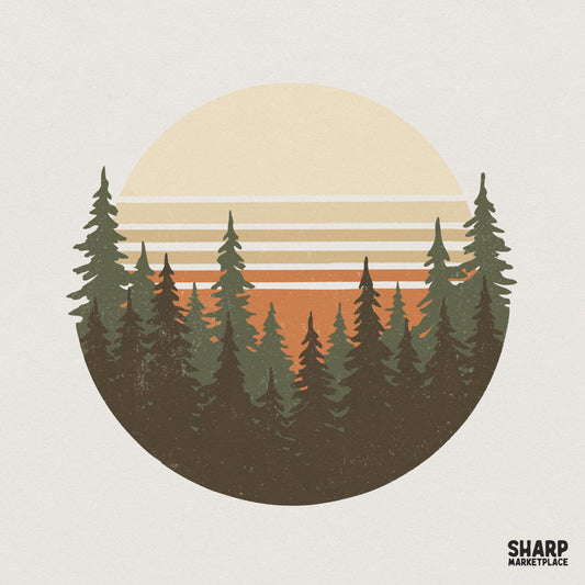 Vintage sunset forest design featuring a circular silhouette of pine trees with retro orange and cream stripes for nature-themed sublimation projects.