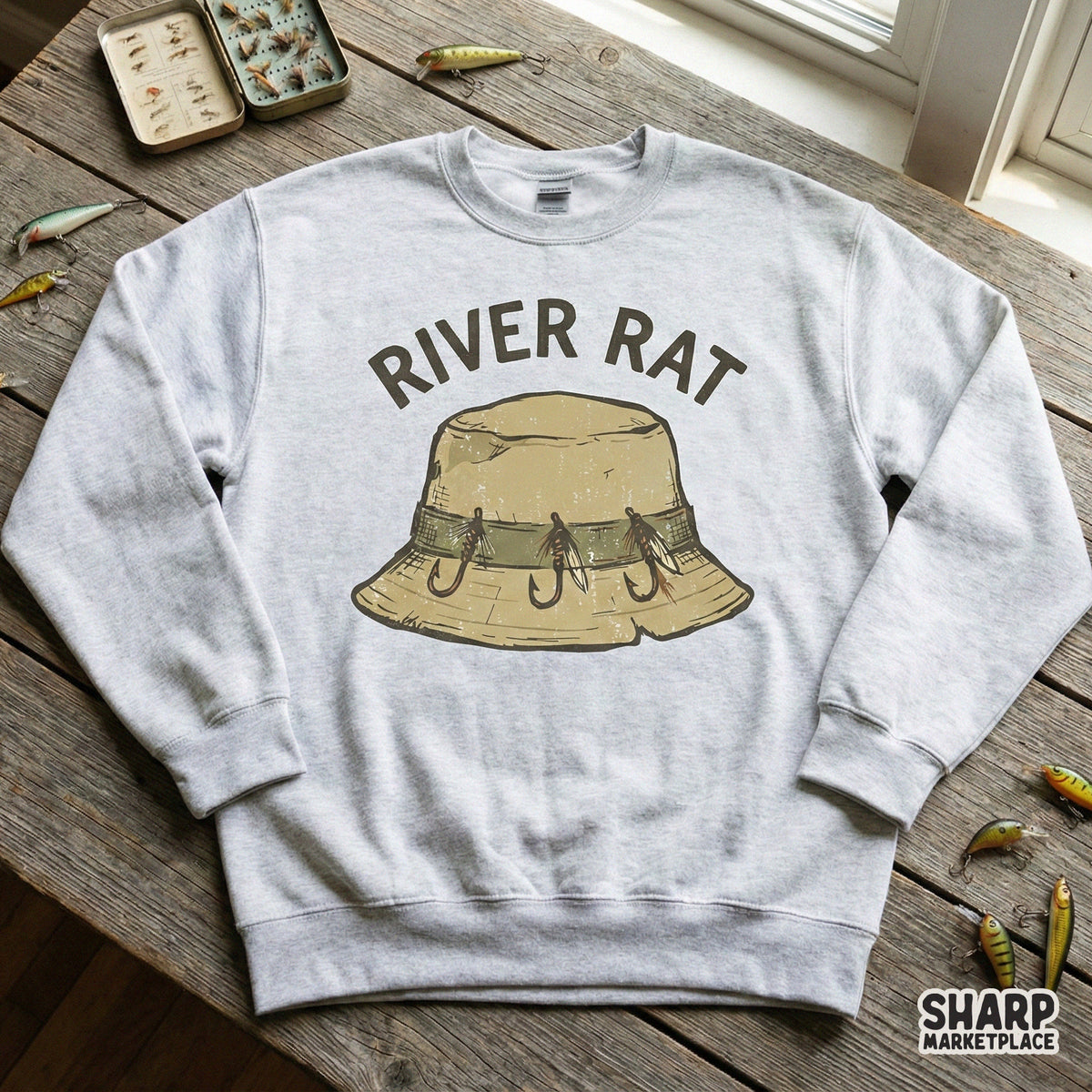 Hand-drawn bucket hat graphic with fly fishing hooks and distressed typography for DIY outdoor themed crafts, stickers, or cabin wall art.