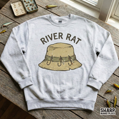 Hand-drawn bucket hat graphic with fly fishing hooks and distressed typography for DIY outdoor themed crafts, stickers, or cabin wall art.