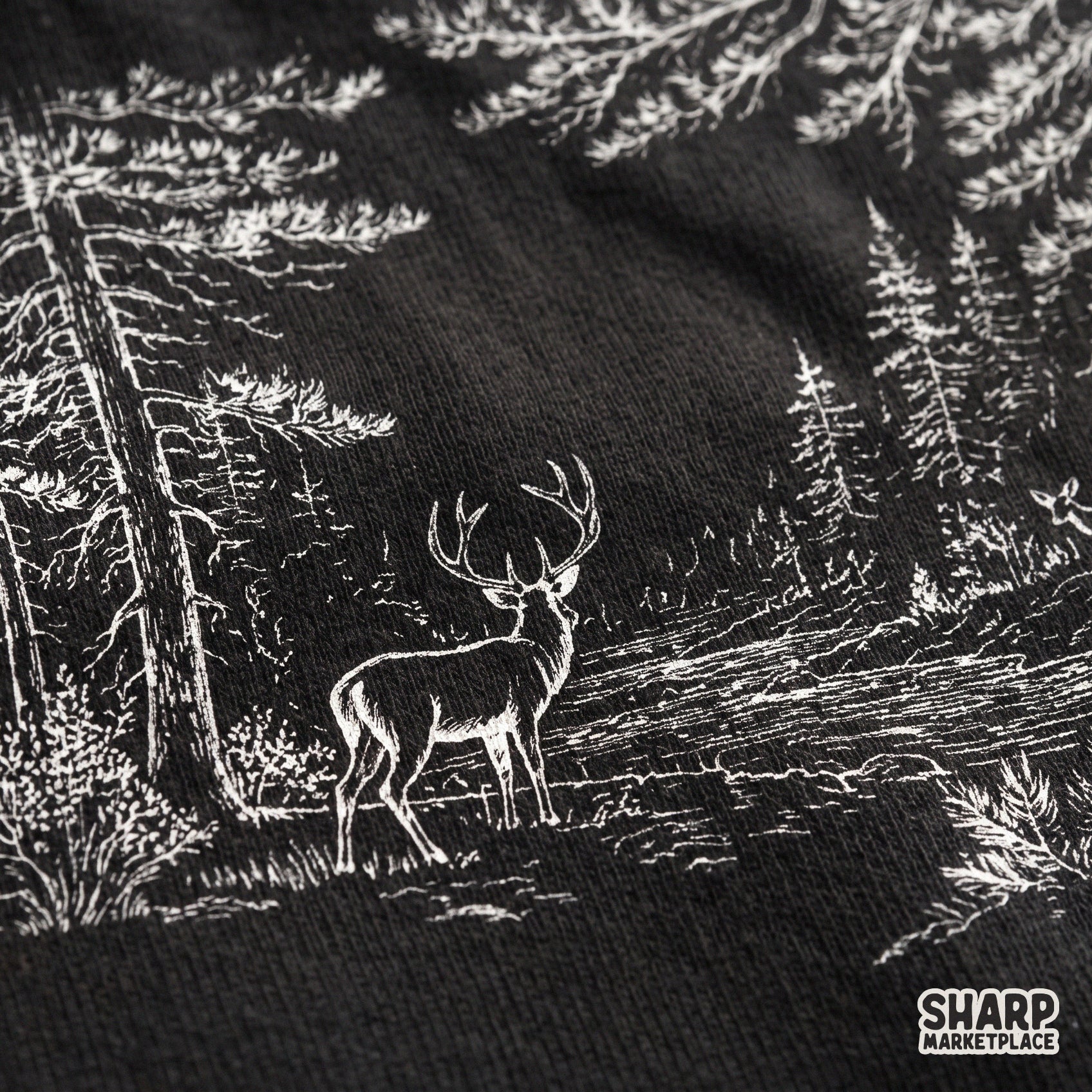 Rustic forest clearing with deer and pine trees hunting png graphic for fall shirts and sublimation