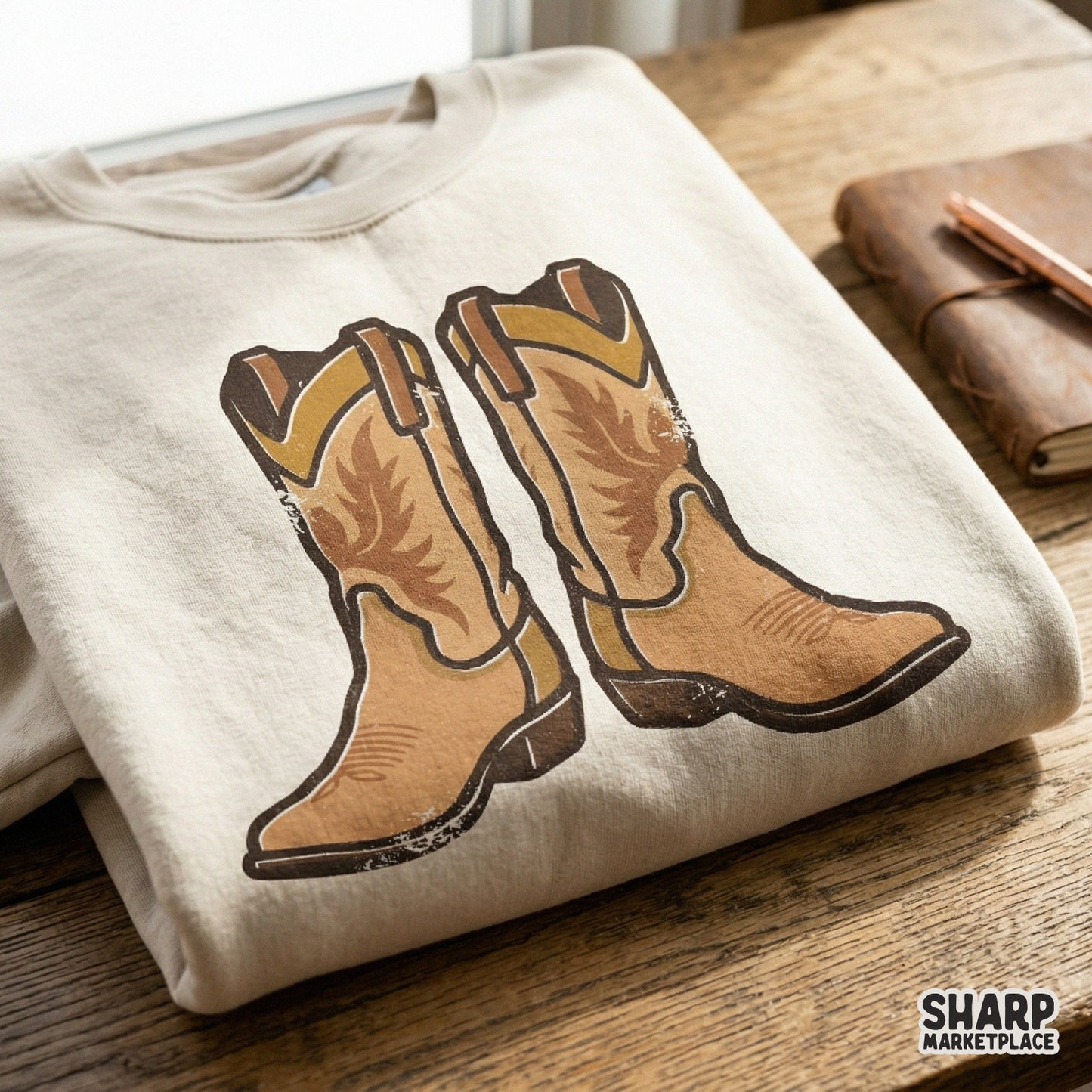 Distressed western cowboy boots graphic printed on a neutral sweatshirt, ideal for trendy country-style apparel and DIY sublimation projects.