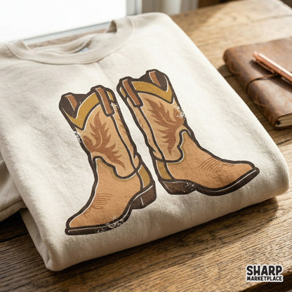 Distressed western cowboy boots graphic printed on a neutral sweatshirt, ideal for trendy country-style apparel and DIY sublimation projects.