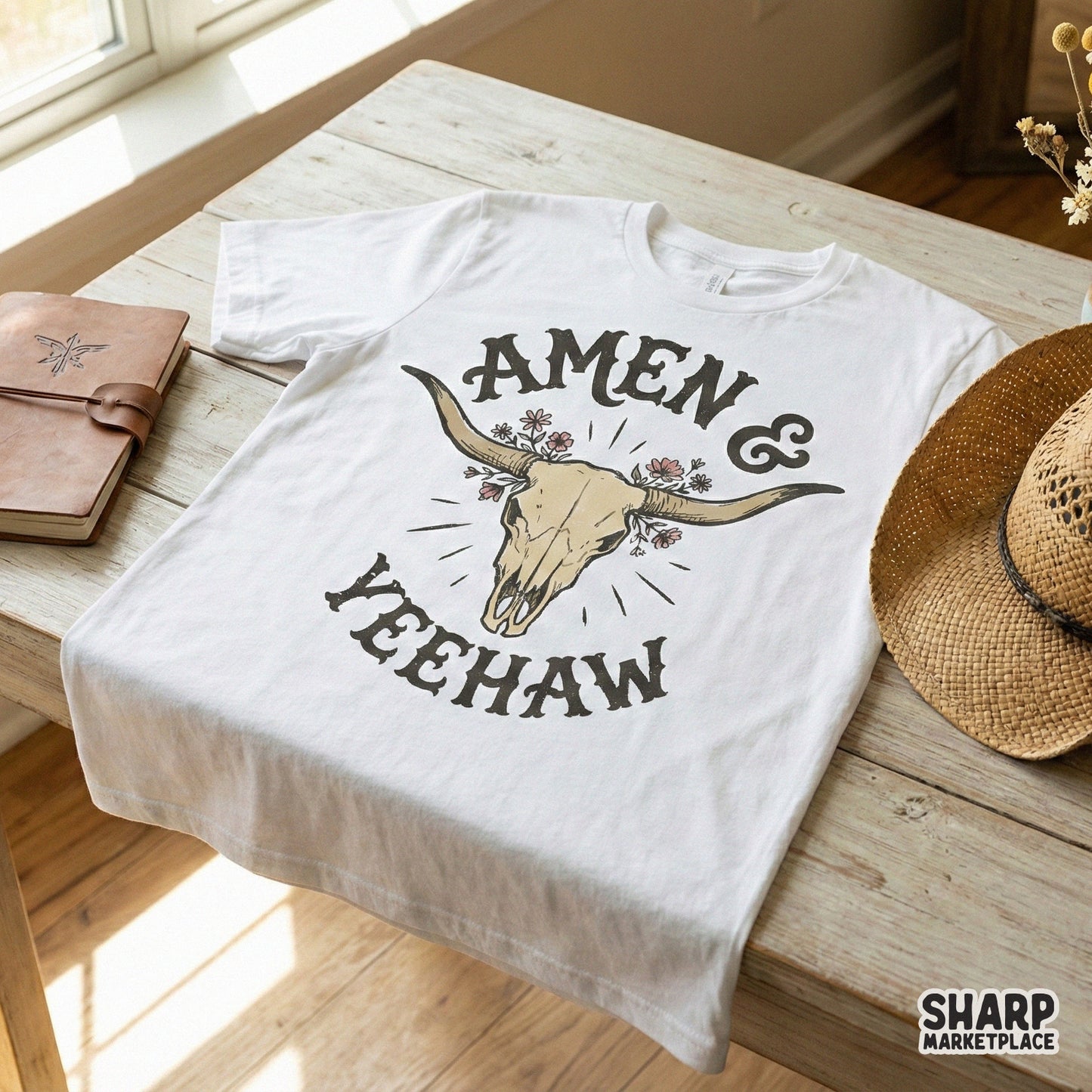 Amen & Yeehaw PNG, Western Skull Flowers - 300 DPI Design for T-Shirt
