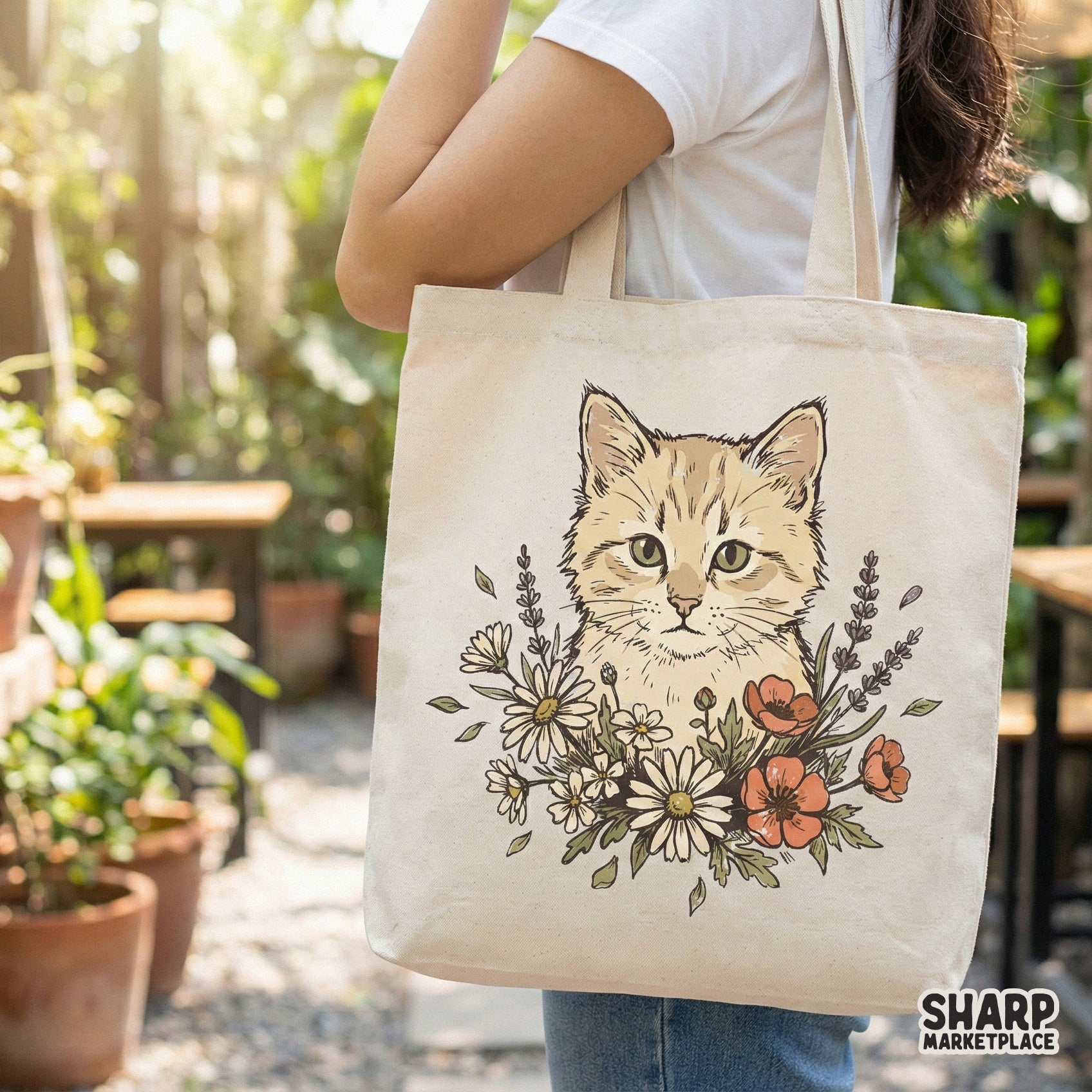 Cat PNG With Wildflowers, Cute Kitten Printable - 300 DPI Design for
