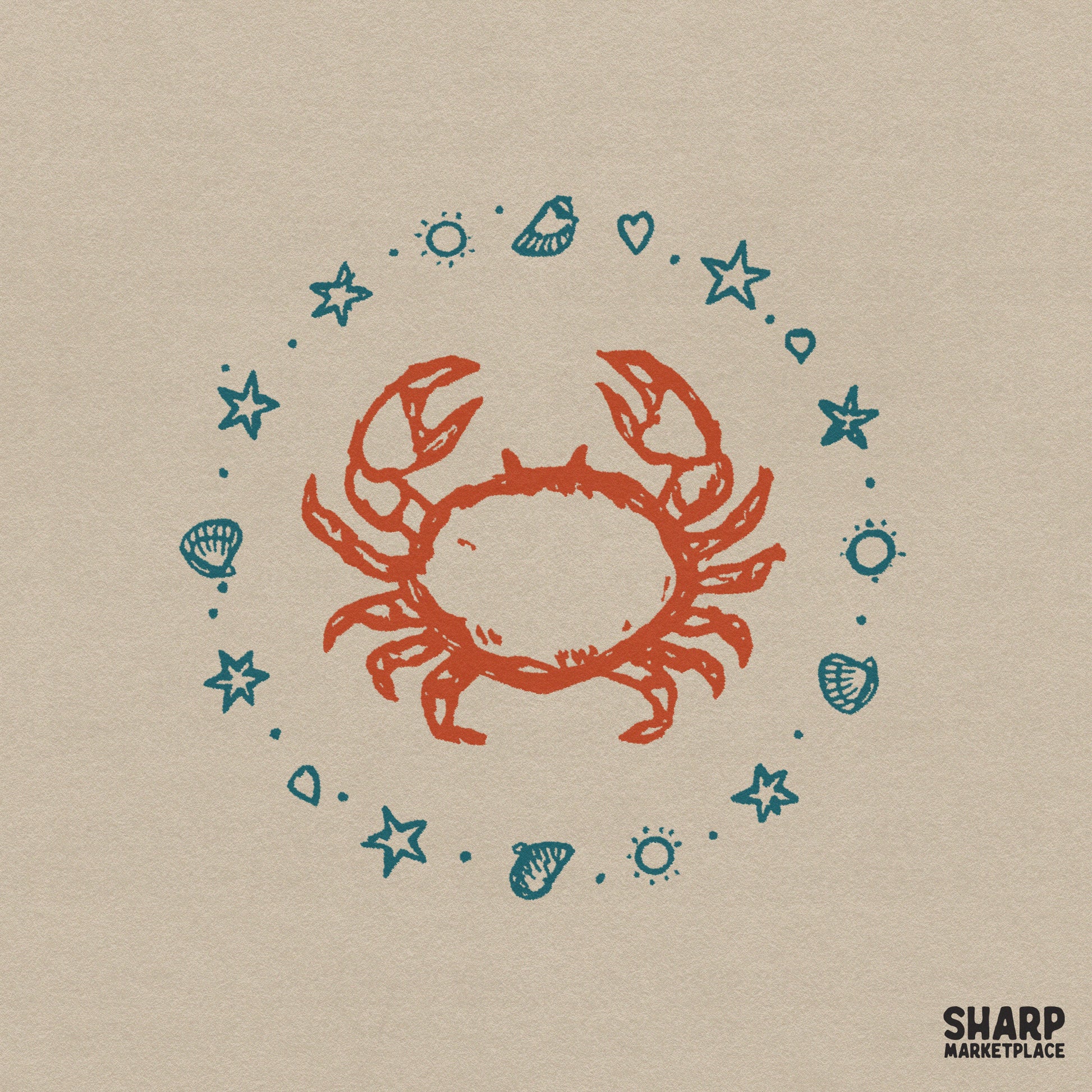 Rustic orange crab illustration centered inside a circular frame of teal starfish, seashells, and sun icons for coastal summer apparel designs.