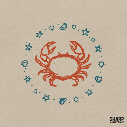 Rustic orange crab illustration centered inside a circular frame of teal starfish, seashells, and sun icons for coastal summer apparel designs.