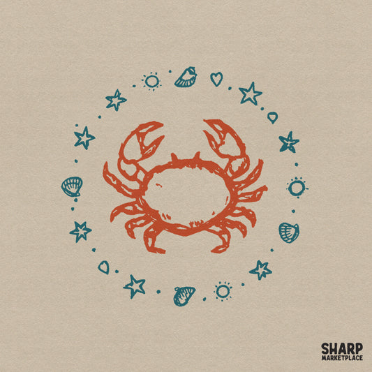 Rustic orange crab illustration centered inside a circular frame of teal starfish, seashells, and sun icons for coastal summer apparel designs.