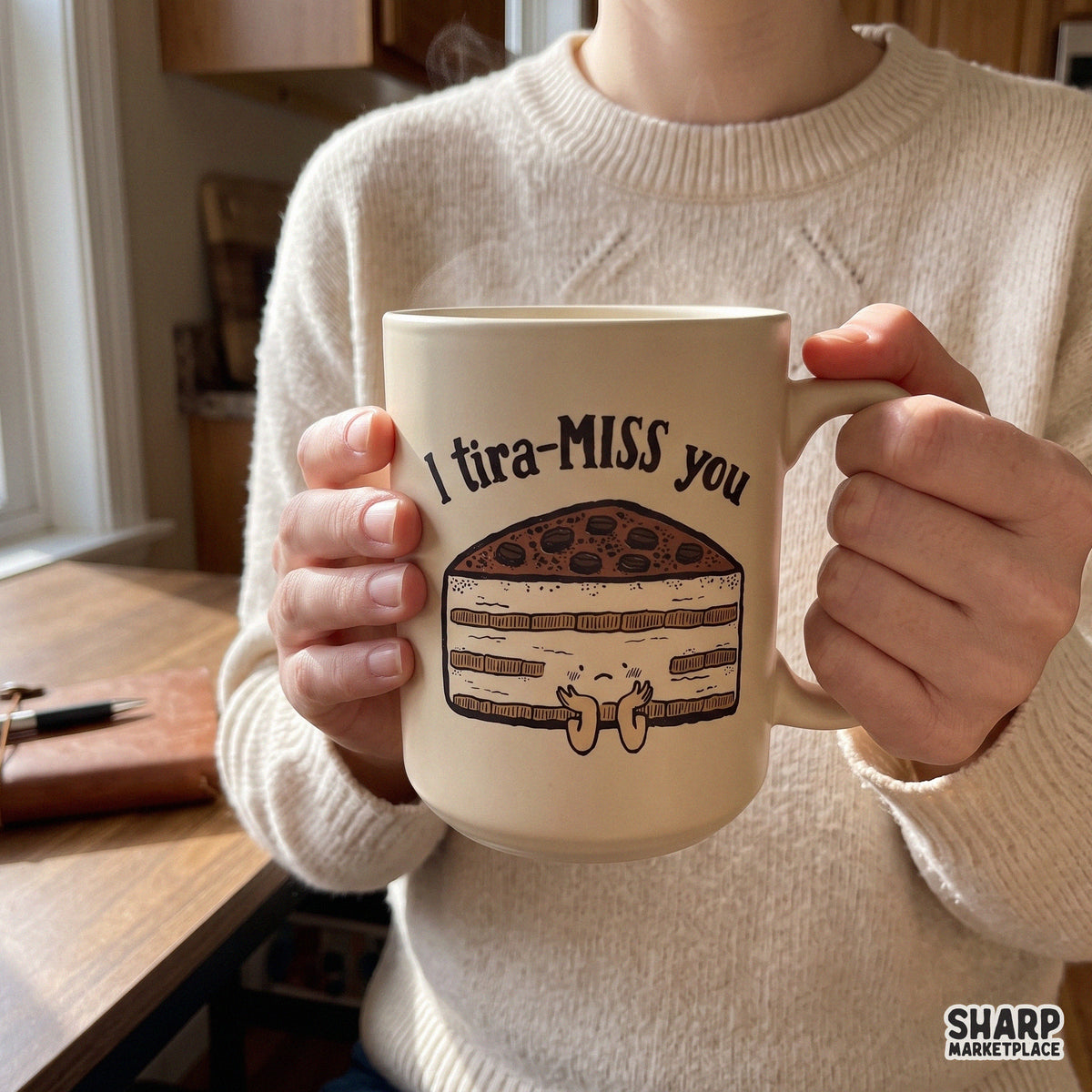 Cute retro I Tira-MISS You tiramisu cake graphic for Valentine's Day t-shirts, food pun digital download PNG