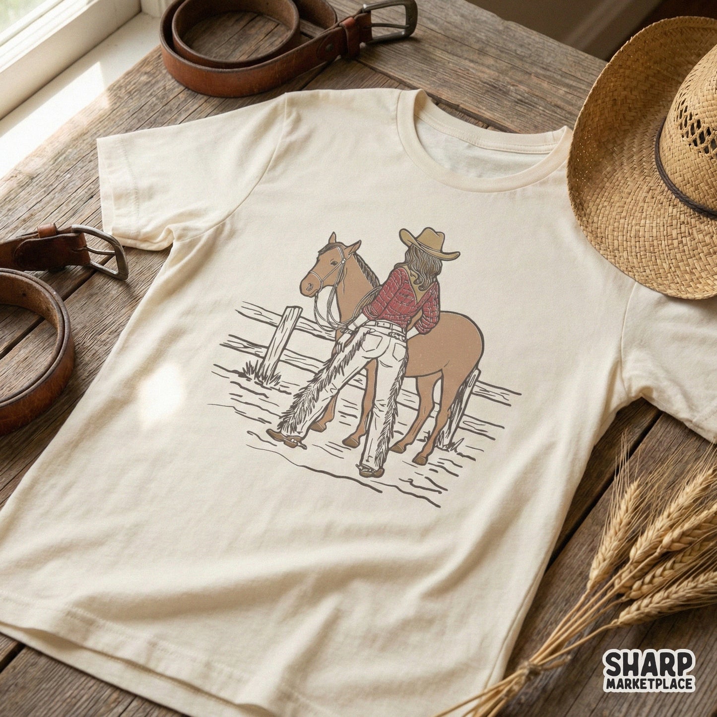 Retro country style cowgirl and horse graphic printed on a cream-colored t-shirt, featuring detailed line work and a rustic western aesthetic.