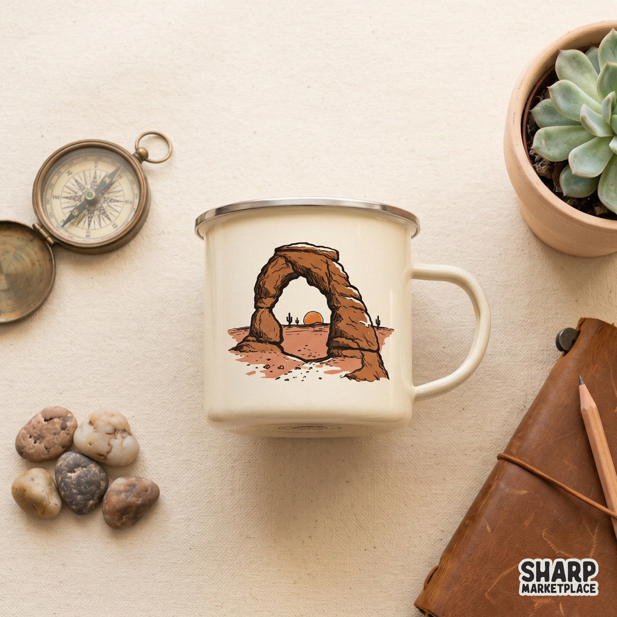 Textured southwestern landscape design featuring a natural stone archway and glowing sun, ideal for creating vintage-style stickers or t-shirt graphics.