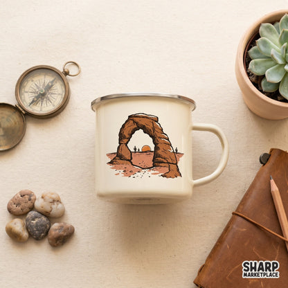 Textured southwestern landscape design featuring a natural stone archway and glowing sun, ideal for creating vintage-style stickers or t-shirt graphics.