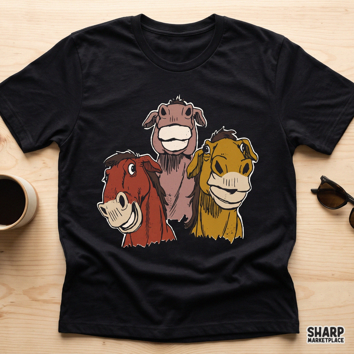 Three silly grinning farm donkeys western PNG tumbler graphic for funny animal lovers sublimation shirts