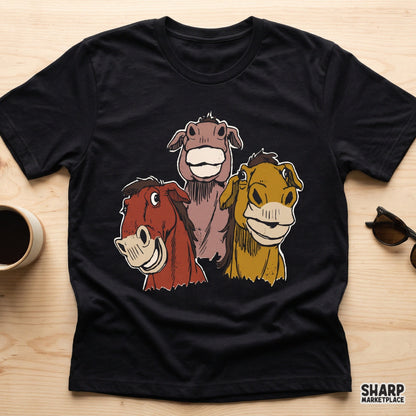 Three silly grinning farm donkeys western PNG tumbler graphic for funny animal lovers sublimation shirts