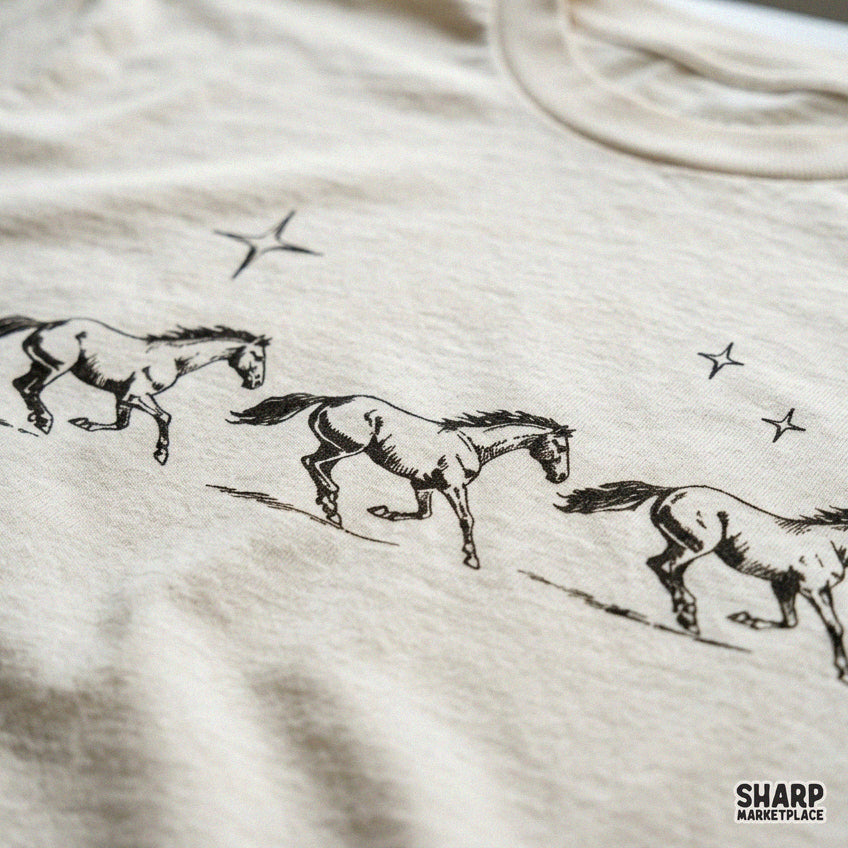 Three wild mustangs running under a starry sky in a vintage western rodeo graphic for shirt sublimation design