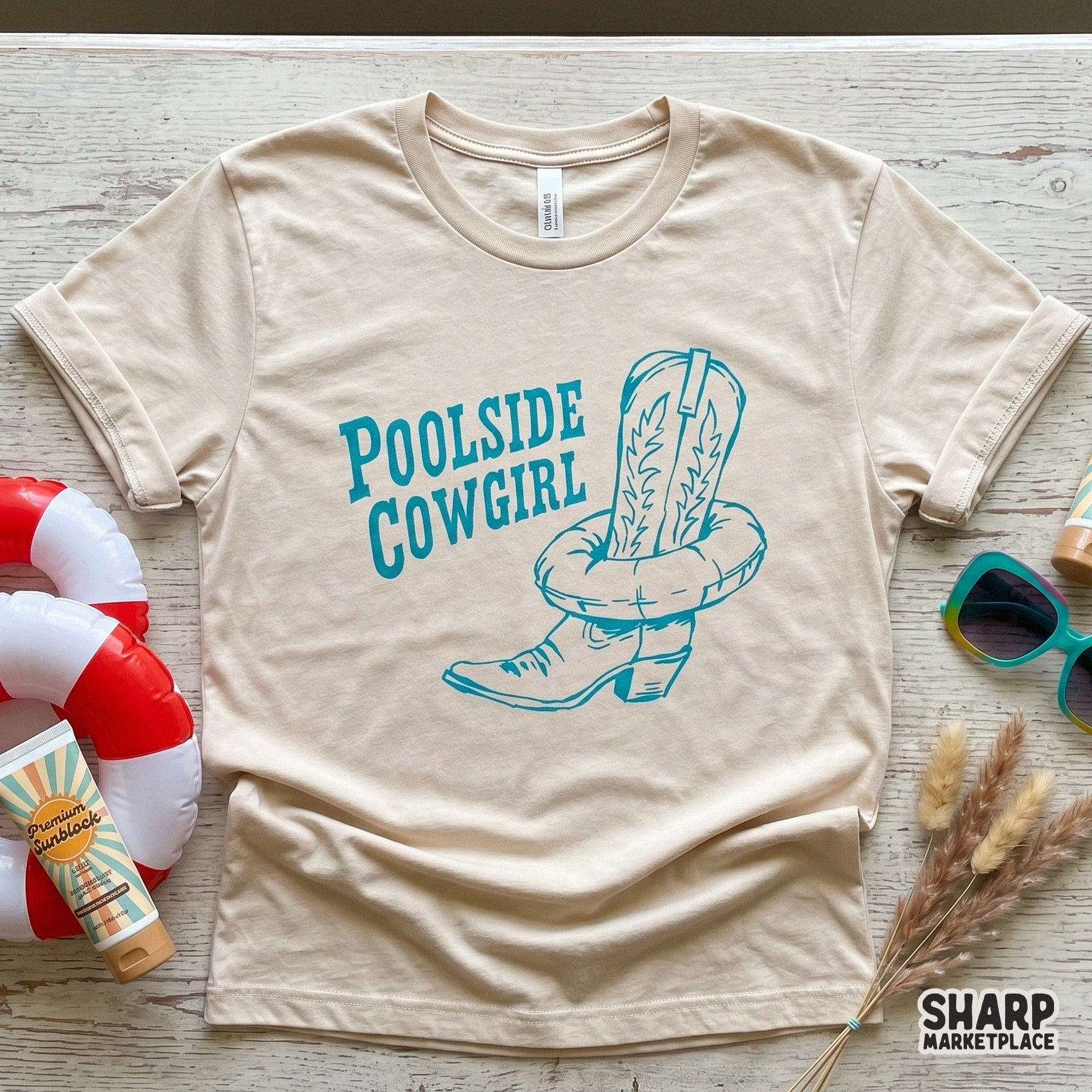 Retro summer poolside cowgirl boot PNG with coquette heart for western beach trip apparel and sublimation designs