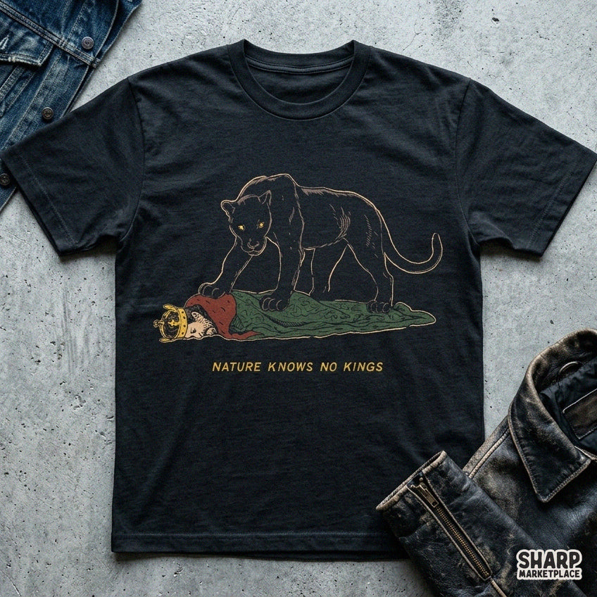 Retro panther png graphic featuring Nature Knows No Kings design perfect for funny streetwear t-shirts