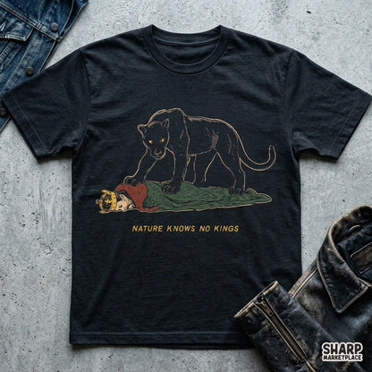 Retro panther png graphic featuring Nature Knows No Kings design perfect for funny streetwear t-shirts