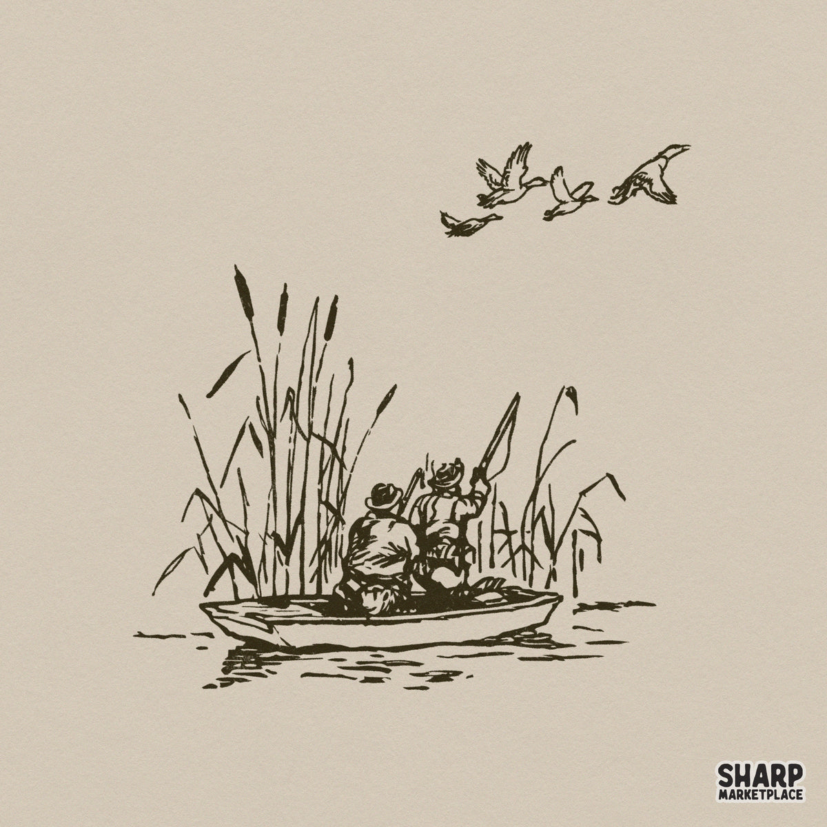 Vintage hand-drawn illustration of two duck hunters in a boat surrounded by tall marsh reeds with ducks flying overhead, isolated on a neutral background.