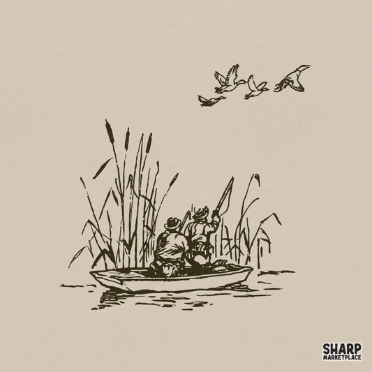 Vintage hand-drawn illustration of two duck hunters in a boat surrounded by tall marsh reeds with ducks flying overhead, isolated on a neutral background.