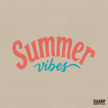 Summer Vibes digital design featuring retro wavy coral lettering and turquoise cursive script, perfect for sublimation, apparel, and DIY projects.