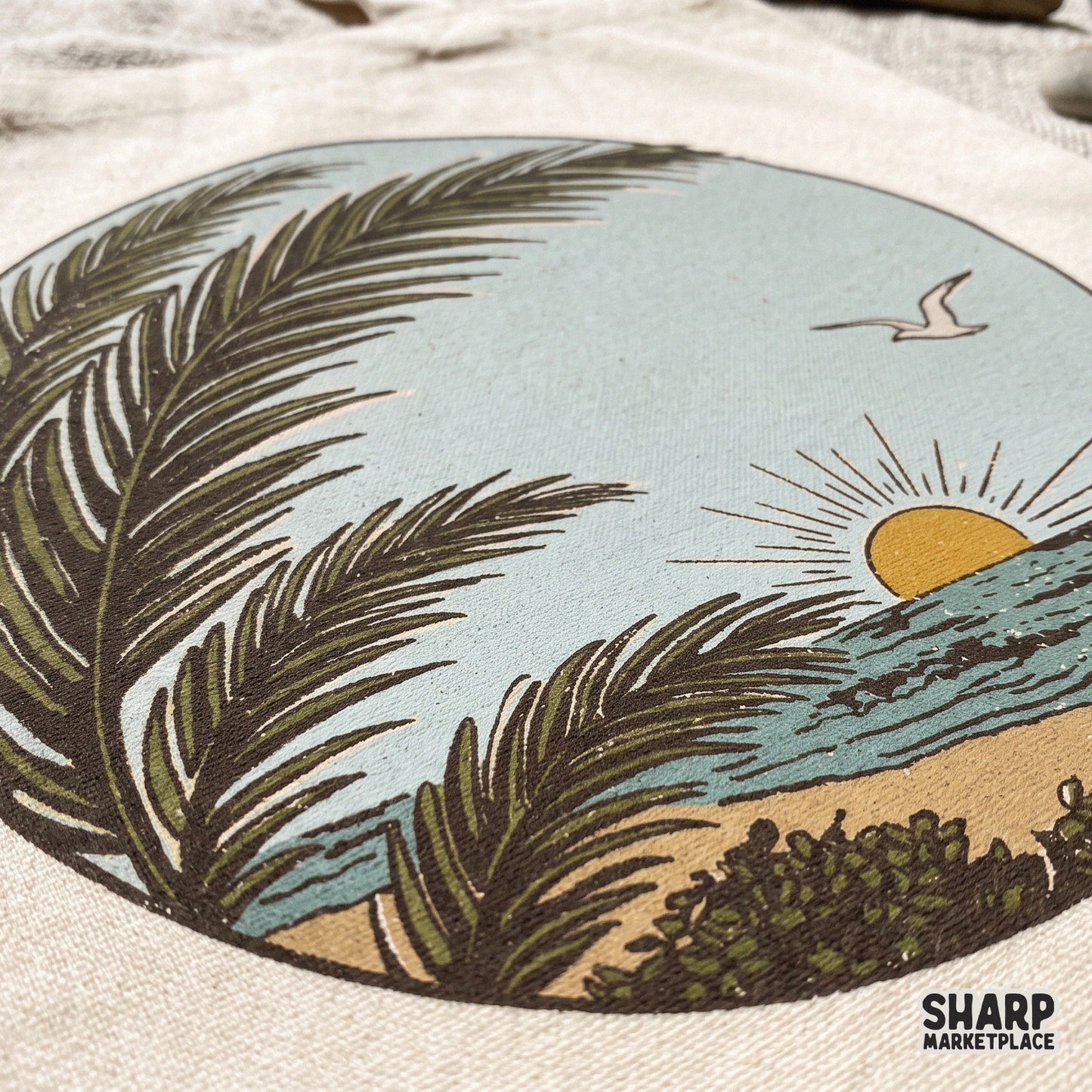 Retro ocean sunrise and palm frond circle landscape summer png for Puerto Rico cruise apparel and beach sublimation designs