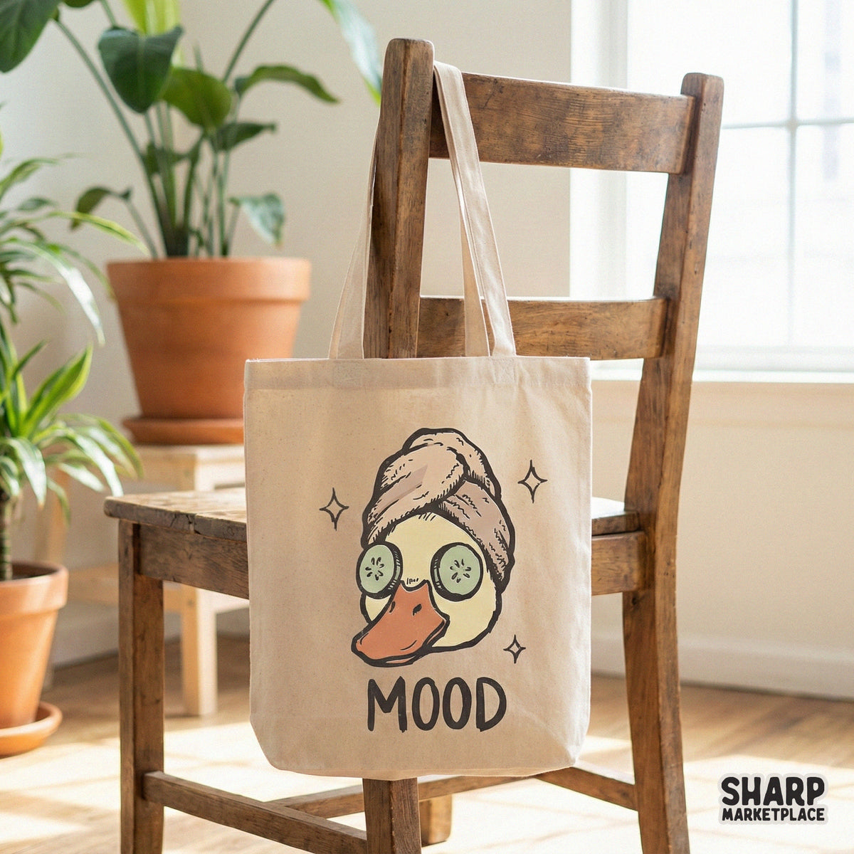 Relaxing duck cartoon with cucumber slices and a towel wrap, featuring distressed MOOD text for a charming self-care themed printable art project.