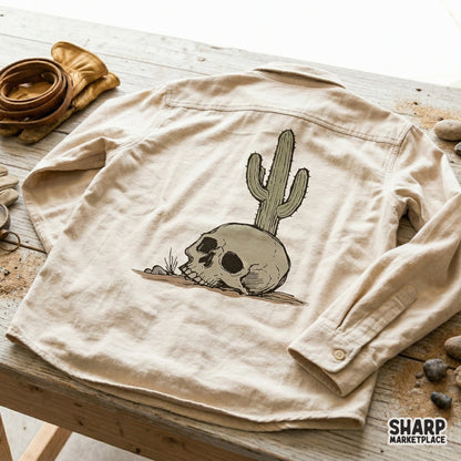 Hand-drawn desert skull and cactus graphic with a gritty texture, suitable for high-quality print-on-demand shirts, tumblers, and dark western decor.
