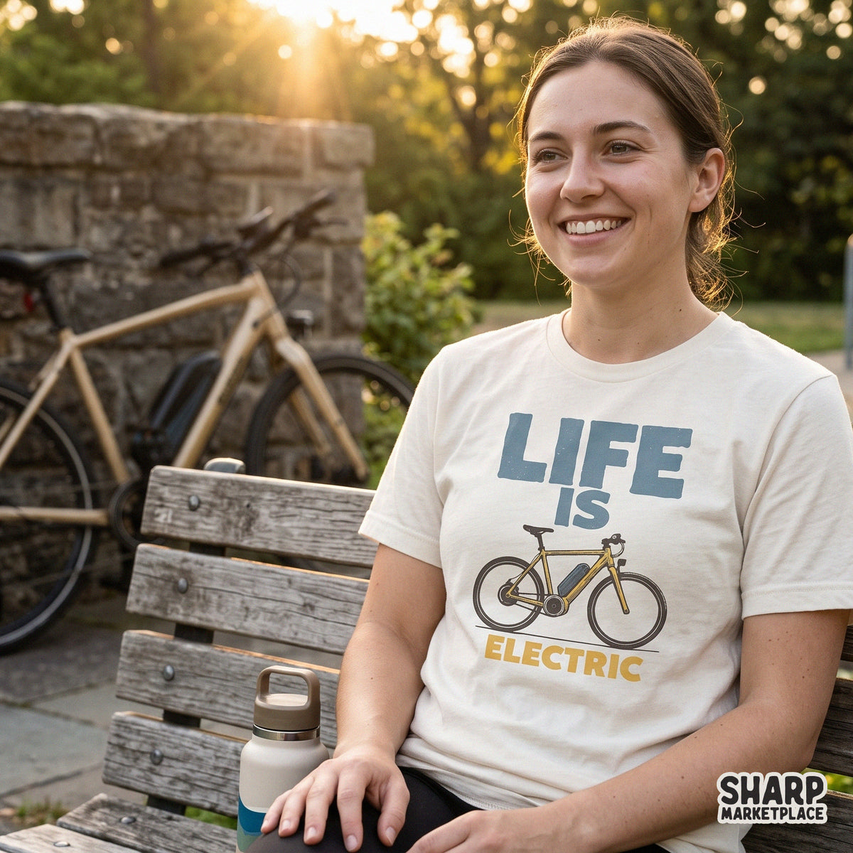 Retro yellow ebike art design featuring Life Is Electric text for cycling lovers and custom t-shirts