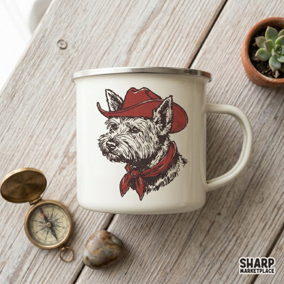 Western-inspired terrier portrait with a red cowboy hat and bandana, ideal for creating unique dog mom shirts, stickers, and farmhouse wall art.