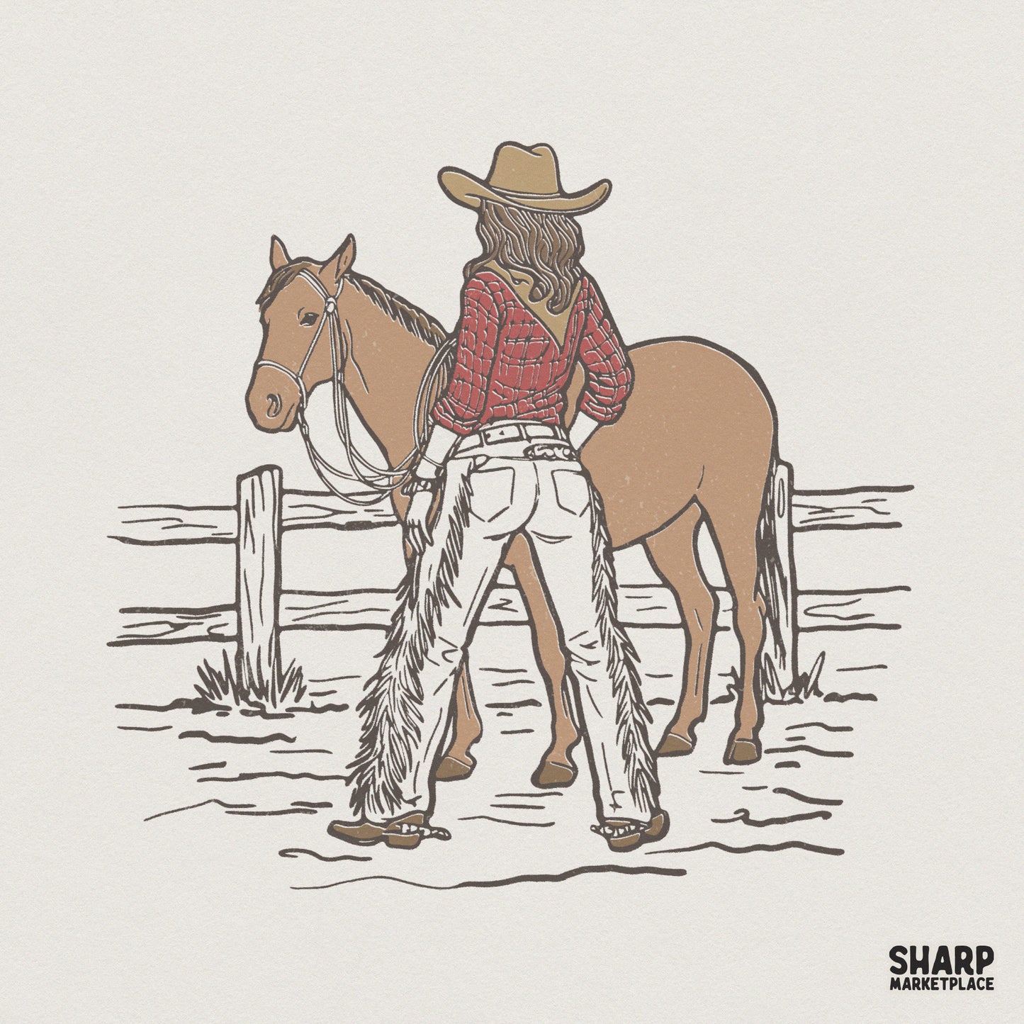 Vintage western illustration of a cowgirl in a plaid shirt and leather chaps standing beside a saddled horse by a wooden fence, earth-toned PNG.