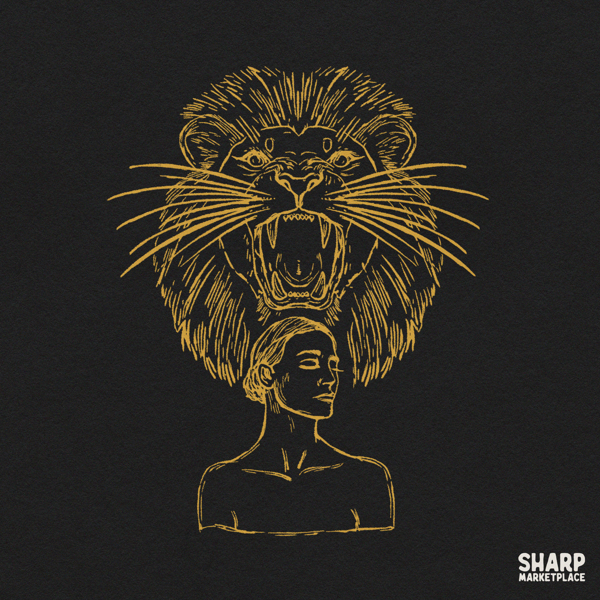 Roaring Lion Mane Crowned Woman Gold Line Art, Trendy PNG