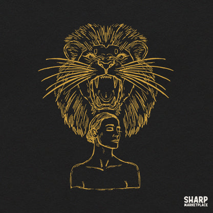 Roaring Lion Mane Crowned Woman Gold Line Art, Trendy PNG