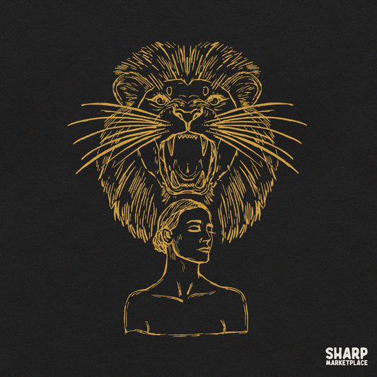 Roaring Lion Mane Crowned Woman Gold Line Art, Trendy PNG