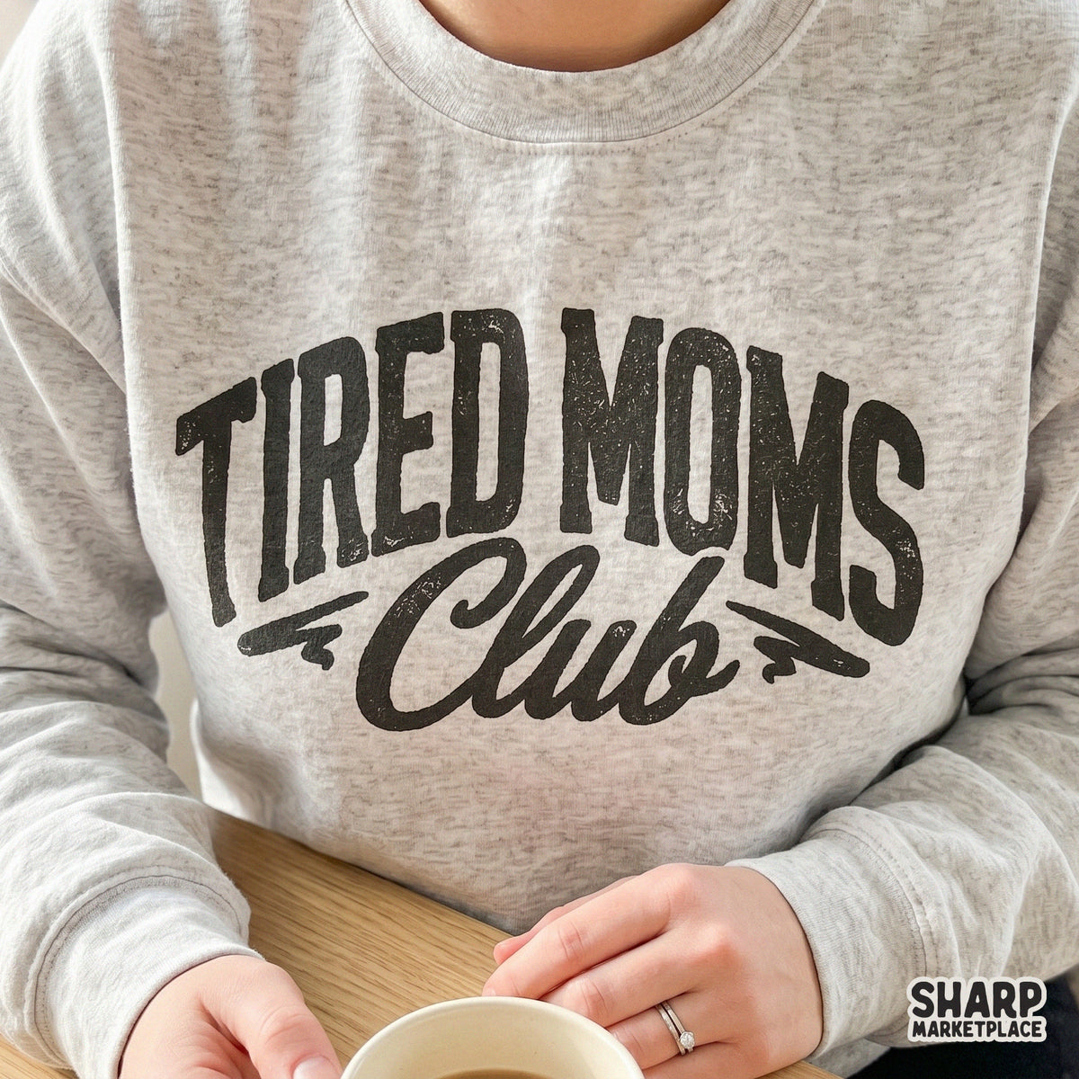 Funny Tired Moms Club digital design with a weathered vintage aesthetic, suitable for creating custom graphic tees, tumblers, and sarcastic motherhood stickers.