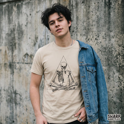 Meditating Skeleton With Cute Cat In Triangle Graphic Tee