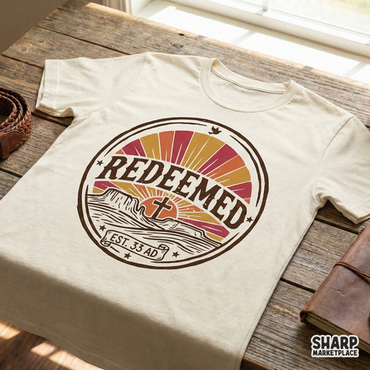 Redeemed PNG Design, Retro Christian Shirt Graphic - 300 DPI Design for
