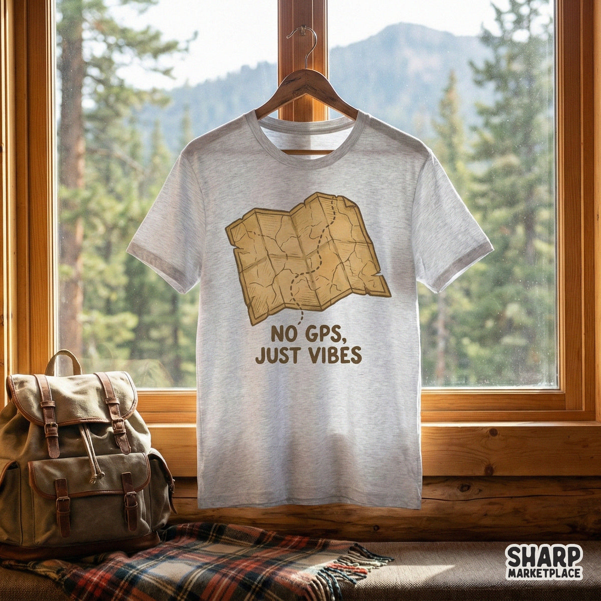 Digital design featuring a sepia-toned antique map and the slogan No Gps, Just Vibes, ideal for sublimation printing on travel shirts or tumblers.
