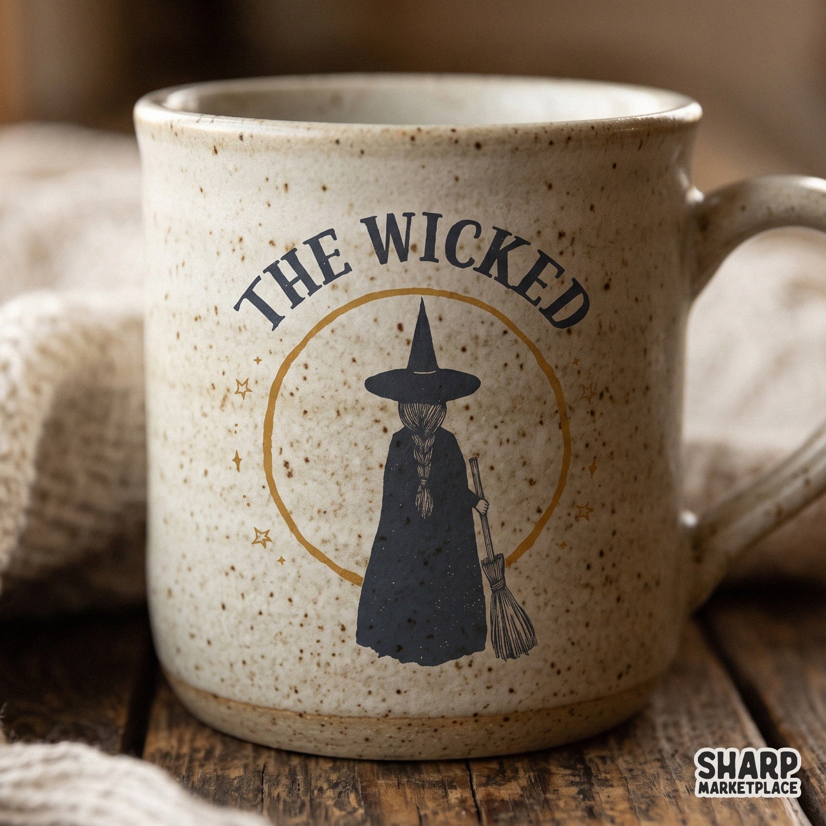 Retro wicked halloween witch riding a broomstick with stars and hocus pocus text for spooky season sublimation crafts