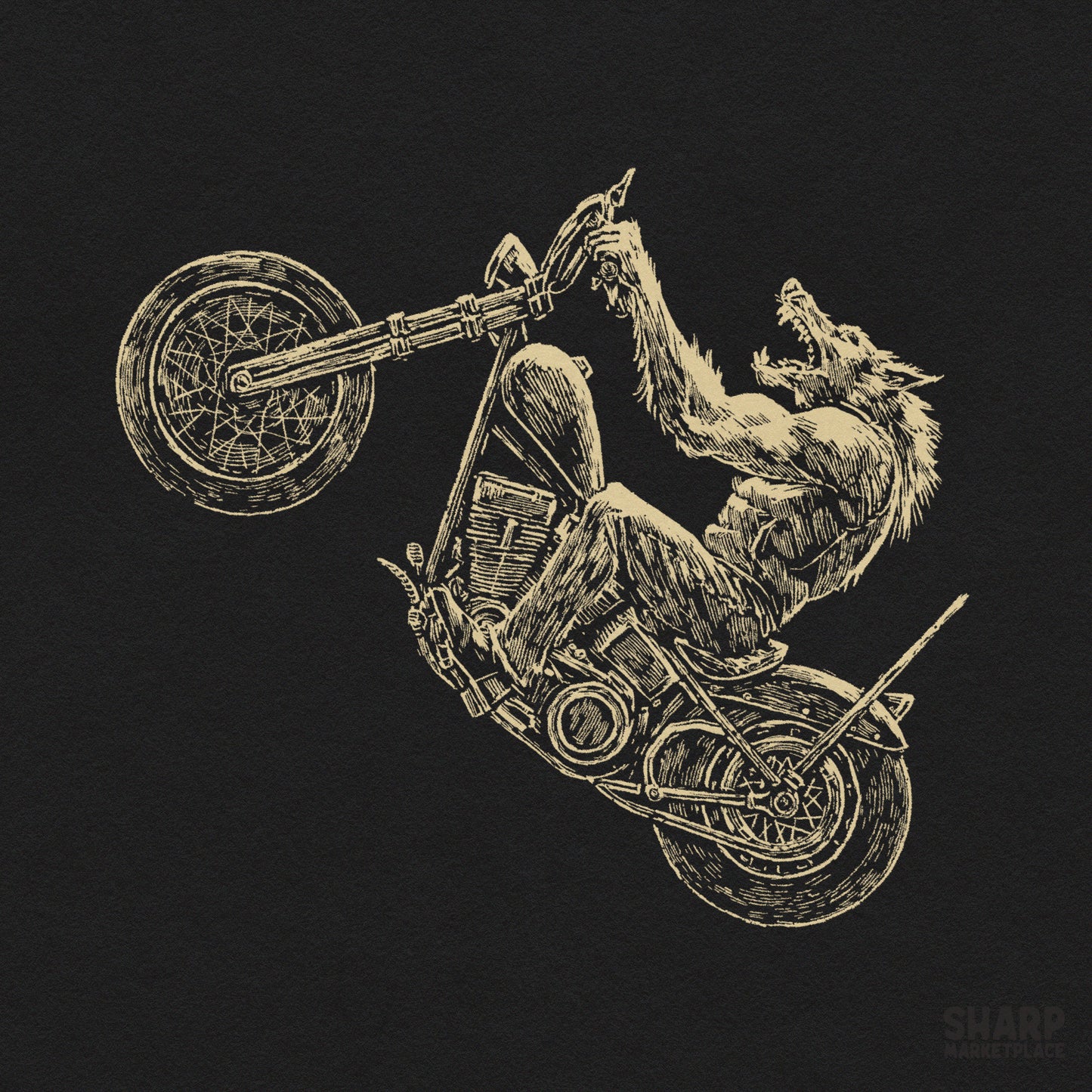 Retro spooky season werewolf popping a wheelie on a chopper motorcycle Halloween png design for t-shirts
