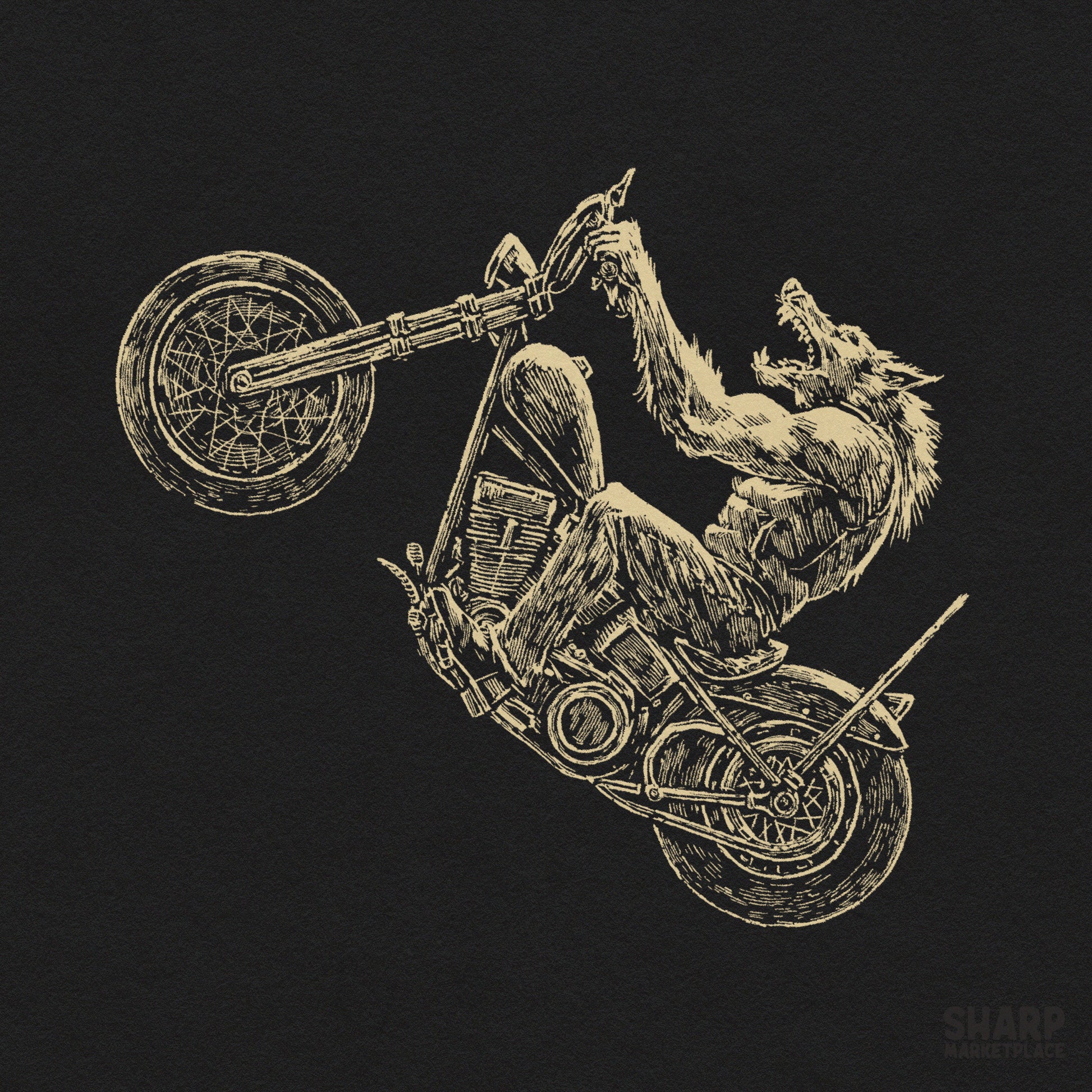 Retro spooky season werewolf popping a wheelie on a chopper motorcycle Halloween png design for t-shirts